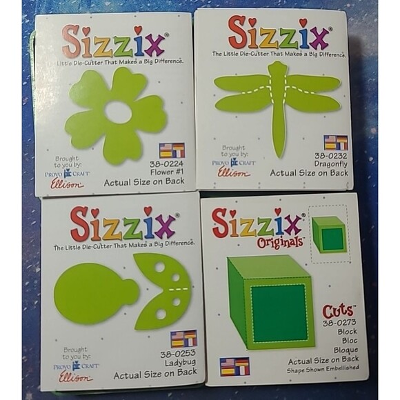 Sizzix Small Green Die Lot of 4 - Flower #1, Block, Dragonfly, Ladybug - Picture 1 of 3